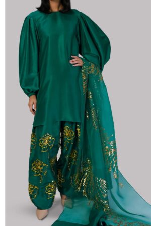 Galapagos Green Embellished Raw Silk Set