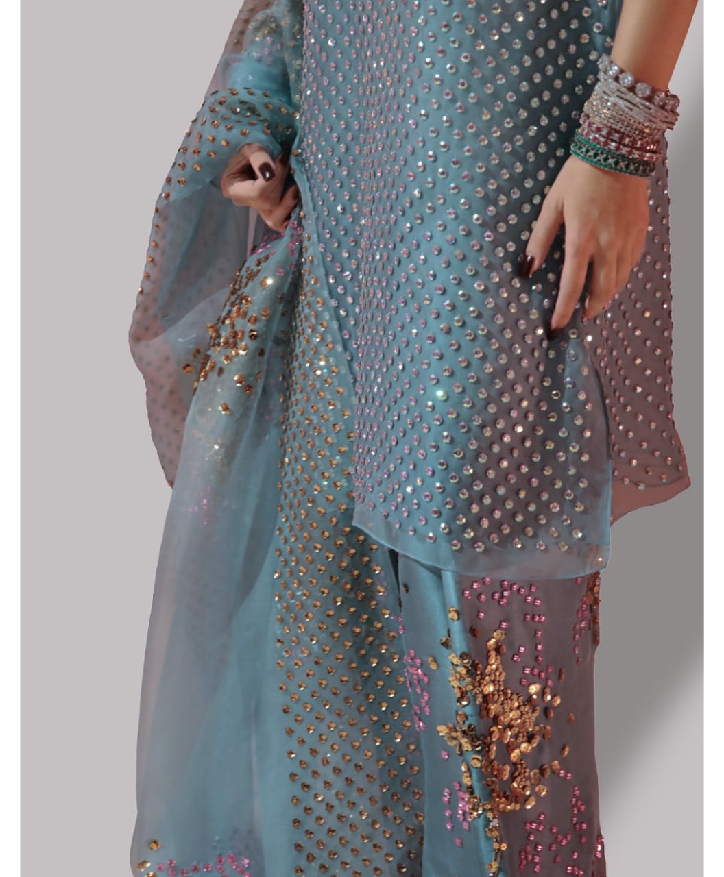 Aqua Embellished Organza Set - Image 3