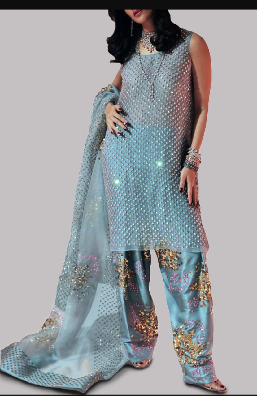 Aqua Embellished Organza Set